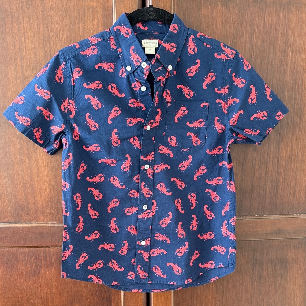 Crewcuts Navy Short-Sleeve Button-Down Shirt with Red Lobster Print